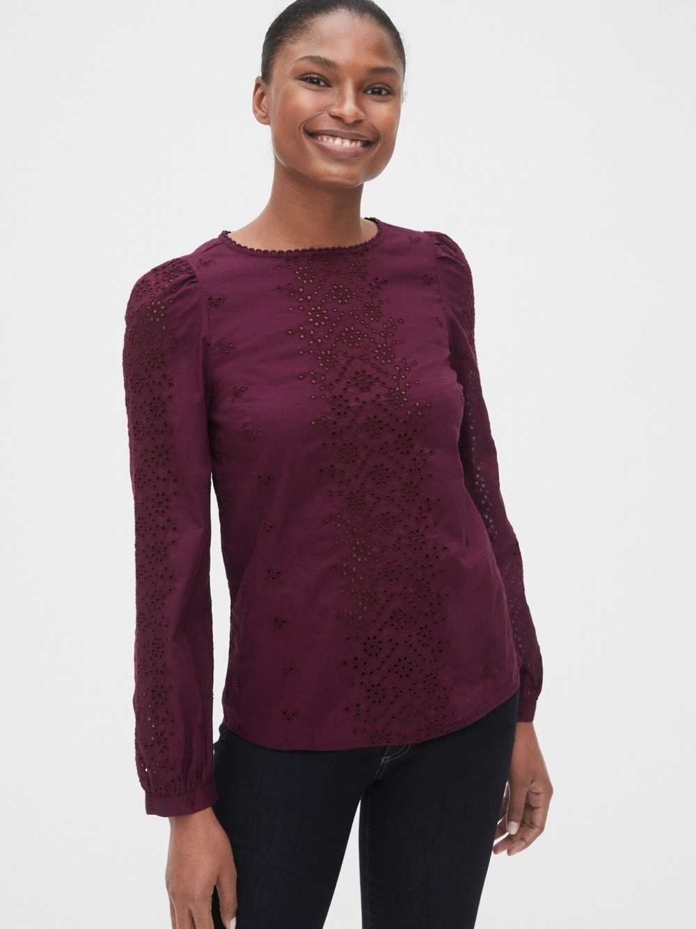 GAP Women's Eyelet Long-Sleeve Top in Plum